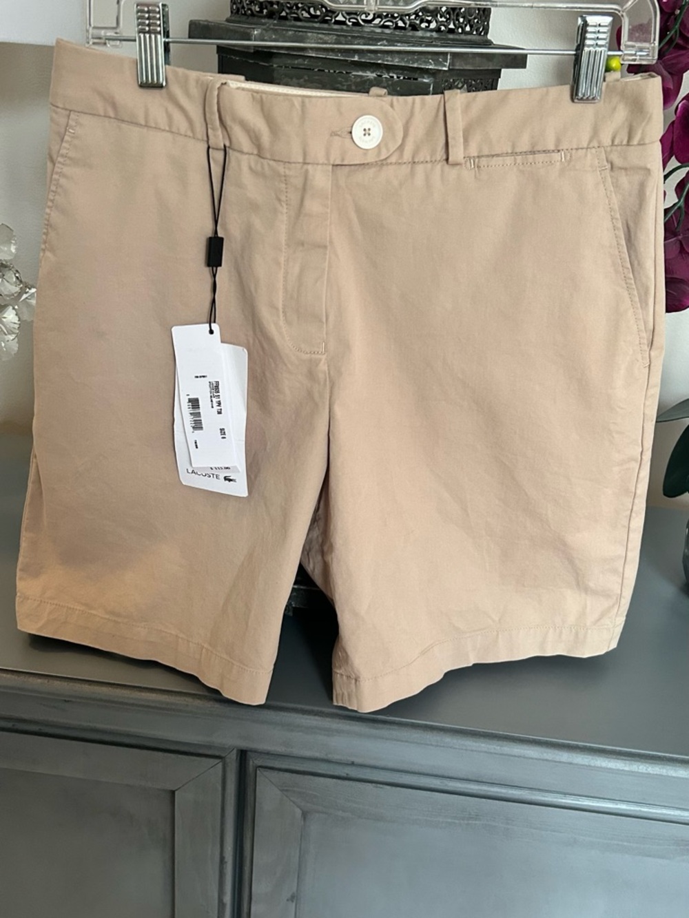 Lacoste Women's Sz 28 Classic Flat Front Chino Shorts Beige NWT Retail $115